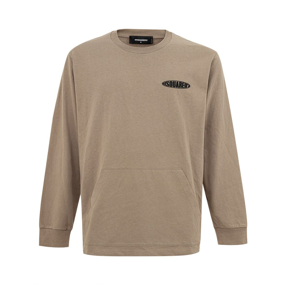 Dsquared² Beige Cotton T-Shirt with long sleeves, crew neck, and black logo on front. Features maxi pocket and side slits. 100% cotton.