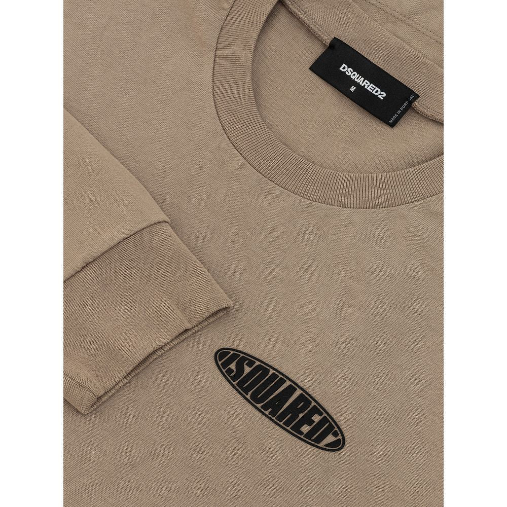 Dsquared² Beige Cotton T-Shirt with black logo, long sleeves, crew neck, maxi pocket, and side slits. 100% cotton over fit design.