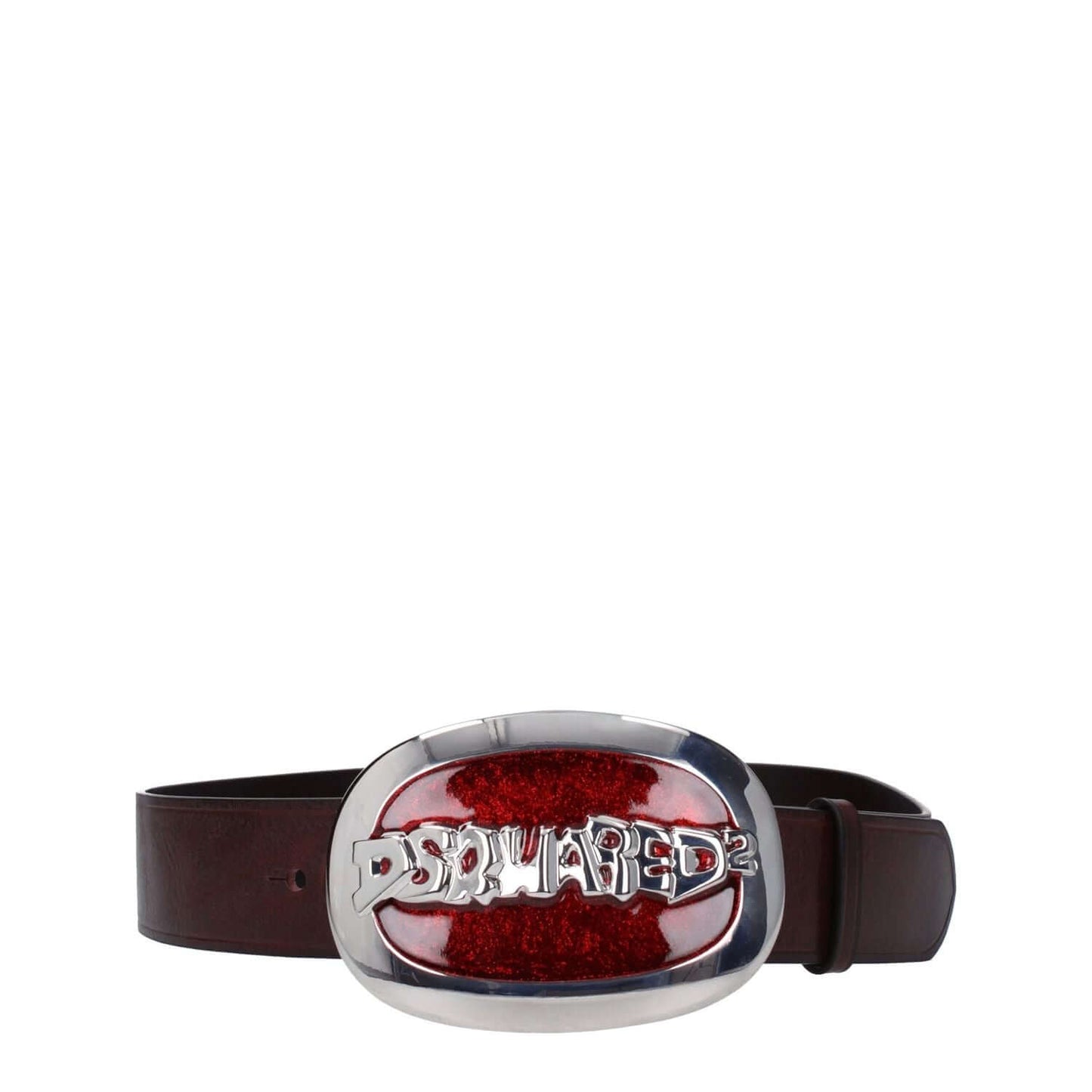 Dsquared² Brown Leather Regular Belt with vintage effect, front logo buckle, silver and red color details, 4.3 cm height, hook closure.