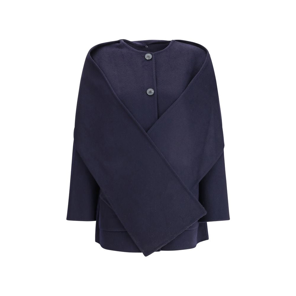 Dynamis Studio Blue Wool Coat with removable scarf panel, oversized fit, crew neck, button closure, and front patch pockets, 100% wool.