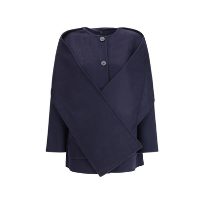 Dynamis Studio Blue Wool Coat with removable scarf panel, oversized fit, crew neck, button closure, and front patch pockets, 100% wool.