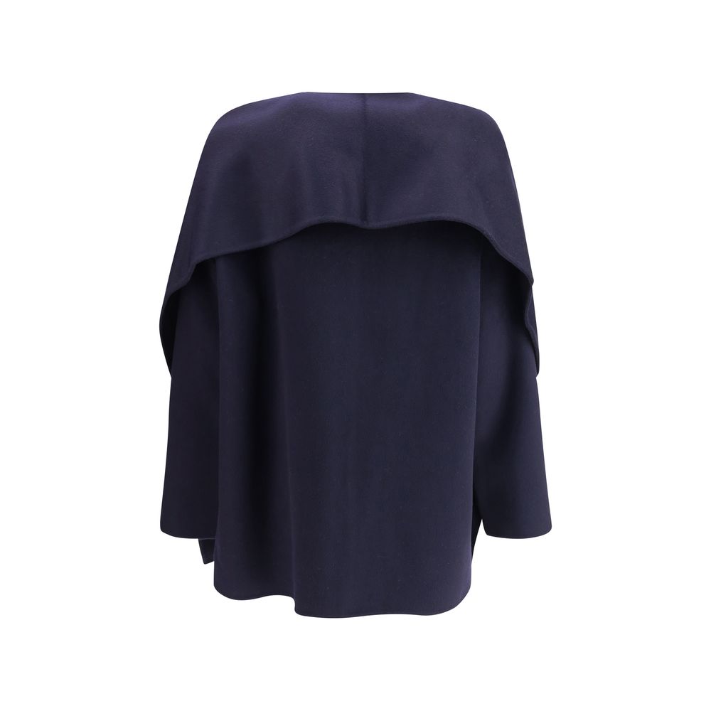 Back view of Dynamis Studio Blue Wool Coat with removable scarf panel and oversize fit.
