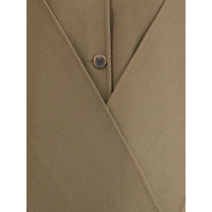 Close-up of Dynamis Studio Brown Wool Coat showing button closure and wool texture.