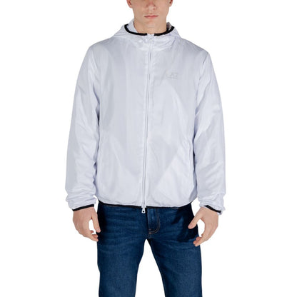 Man wearing EA7 Emporio Armani White Polyester Shell Jacket displaying lightweight and stylish design