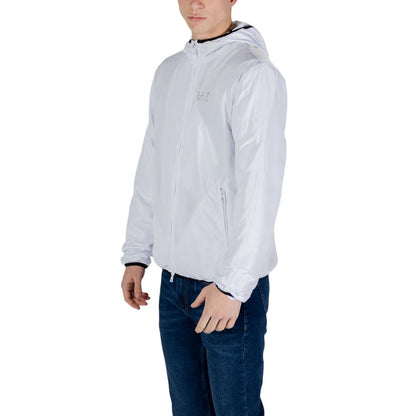 EA7 Emporio Armani White Polyester Shell Jacket displayed on a model against a white background.