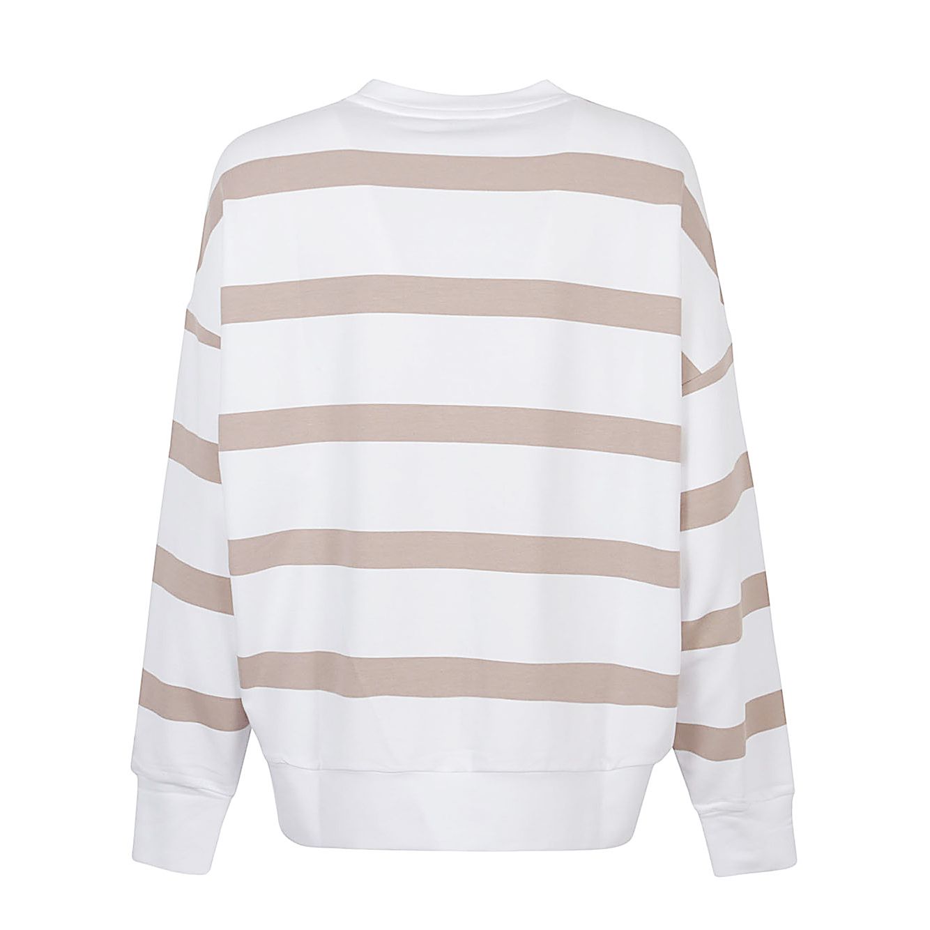 EA7 Sweaters Beige long-sleeved crew-neck with beige stripes and logo, back view.