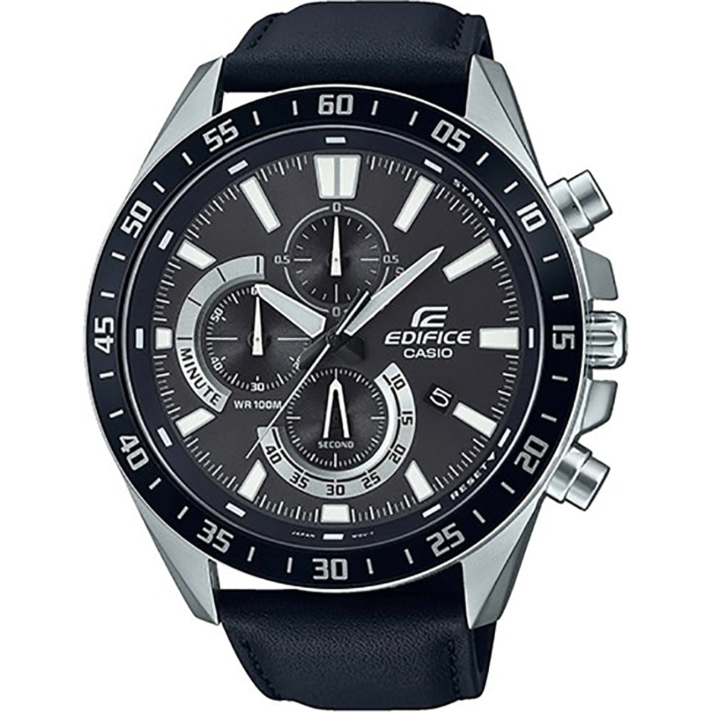 CASIO EDIFICE Mod. STANDARD CHRONO: 50mm stainless steel watch, leather strap, quartz movement, chronograph, date function, water resistant.