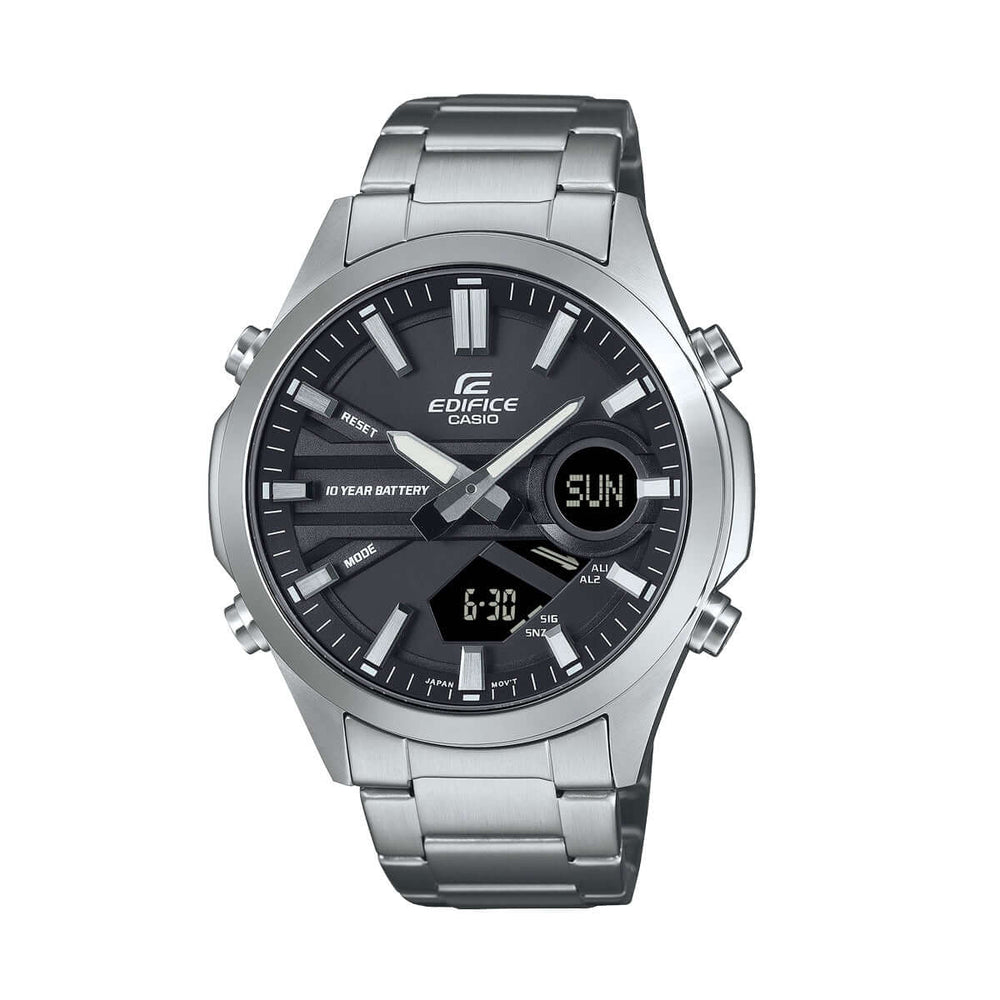 CASIO EDIFICE Mod. CLASSIC ANA-DIGIT - 10 YEAR BATTERY wristwatch featuring stainless steel case and multifunction quartz movement.