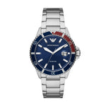 Blue and silver EMPORIO ARMANI MOD. AR11339 wristwatch with stainless steel case and bracelet, mineral dial, quartz movement, and 10 ATM water resistance.