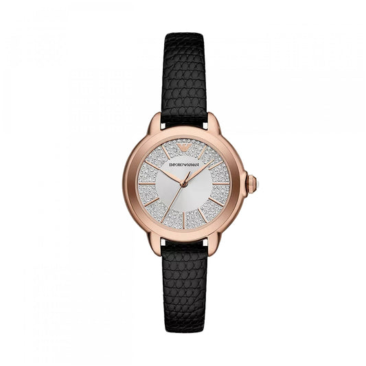 Luxury EMPORIO ARMANI WATCHES Mod. AR11631 for ladies, 32mm case, official packaging, elegant design with black strap and rose gold accents.