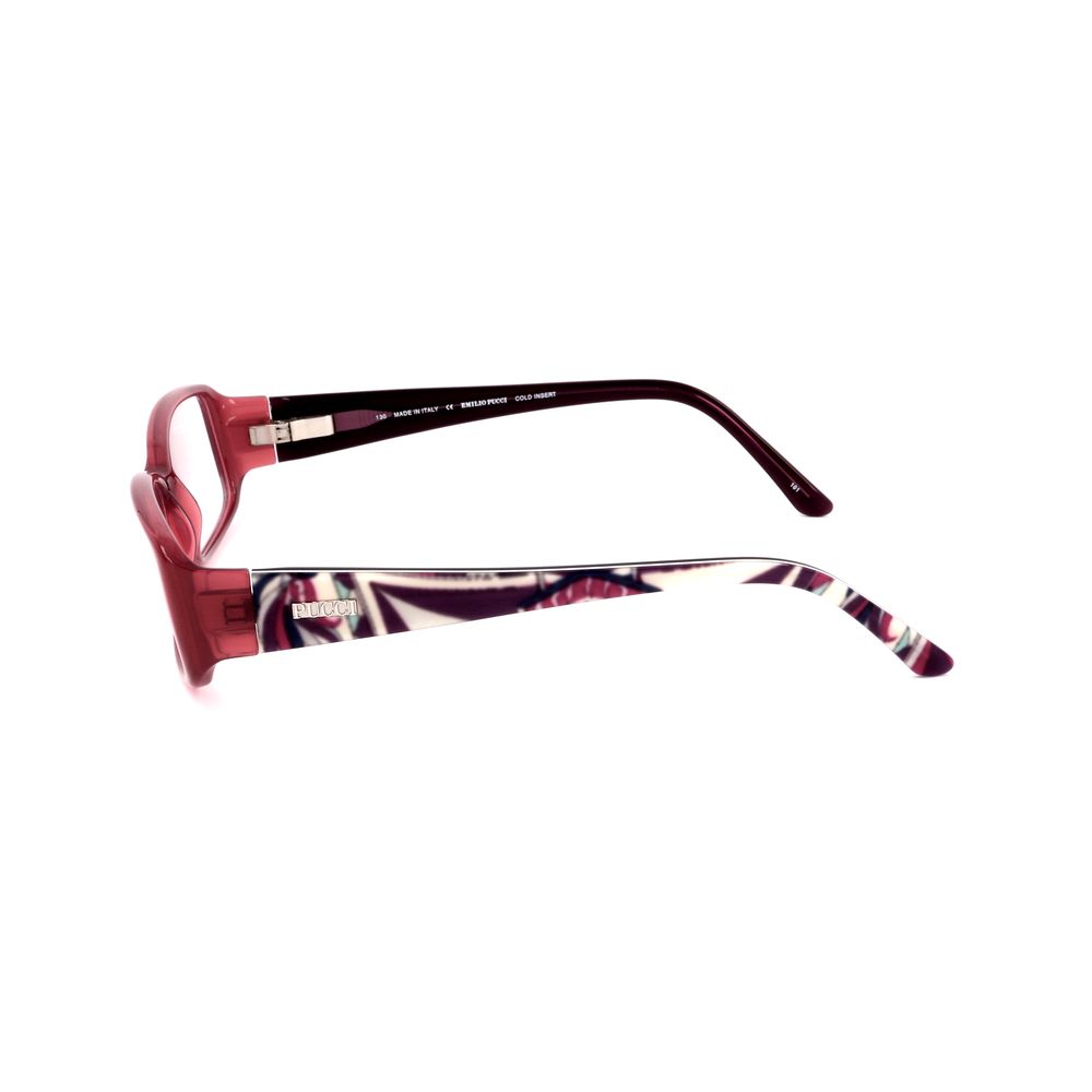 Side view of Emilio Pucci Pink Plastic Frames in antique rose color with a patterned temple design, size 53/14/130 mm.