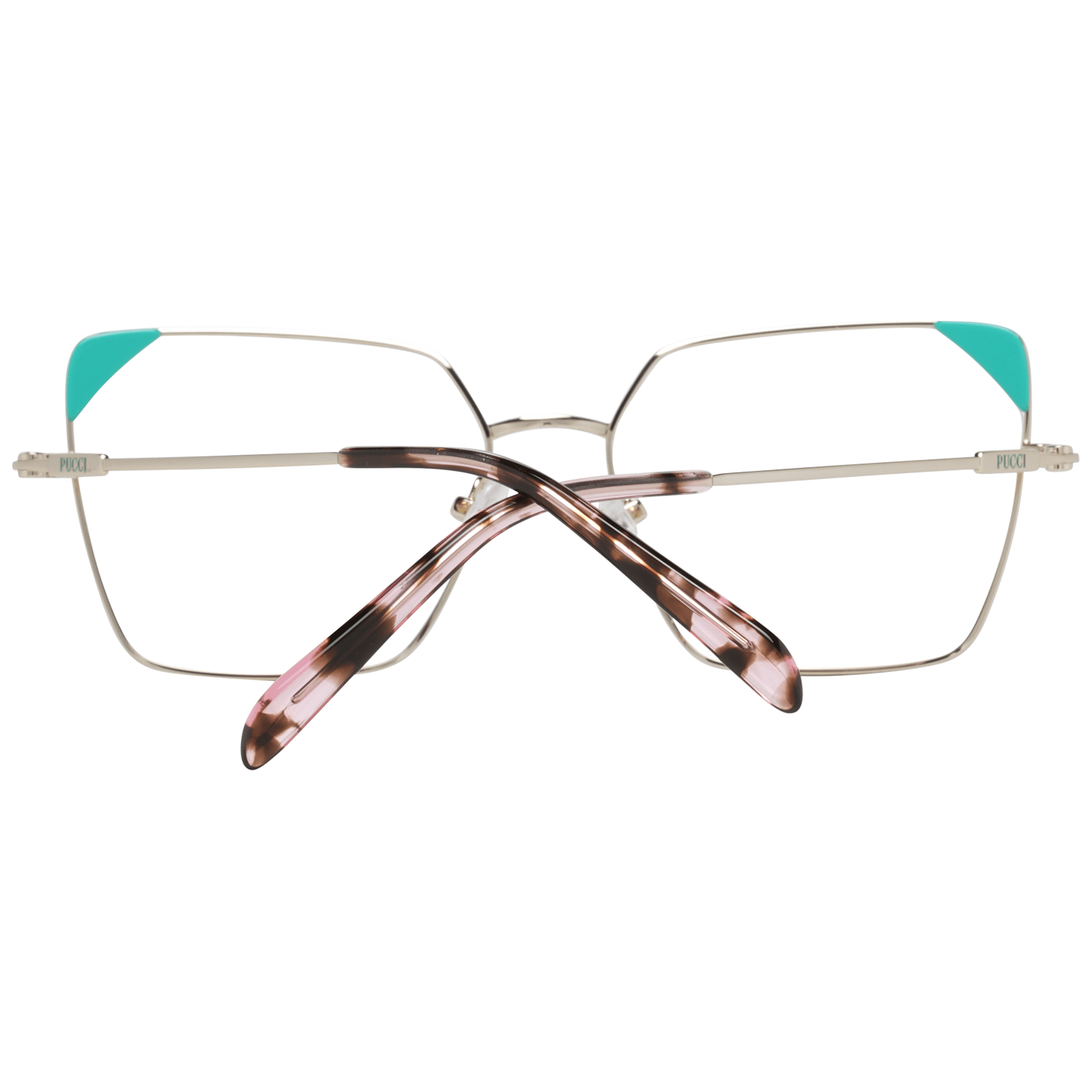 Square eyeglasses with silver frames and turquoise accents on temples, showcasing modern design and neutral color.