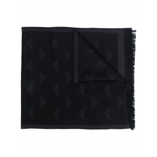 Emporio Armani Allover logo wool scarf in black anthracite, knitted with embroidered logo and frayed edge, 175cm x 38cm.
