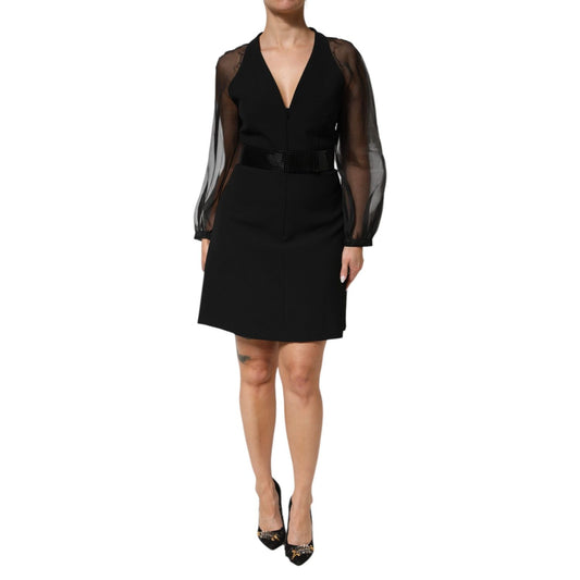 Emporio Armani Black Sheer Sleeve Belted V-Neck Mini Dress with long sleeves and deep V-neckline, perfect for evening events.