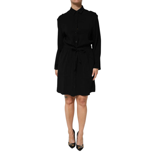 Emporio Armani Black Viscose Blend Shirt Style Belted Dress with long sleeves and waist tie.