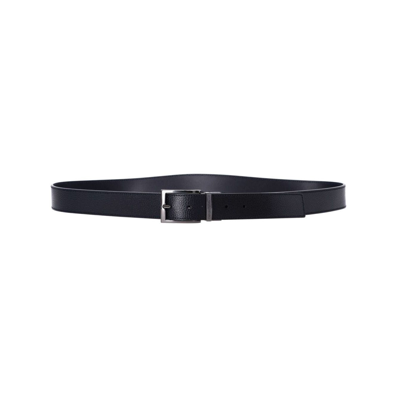 Alt Tag: Emporio Armani Exclusive Leather reversible belt with black grained texture, silver-tone buckle, and engraved logo.