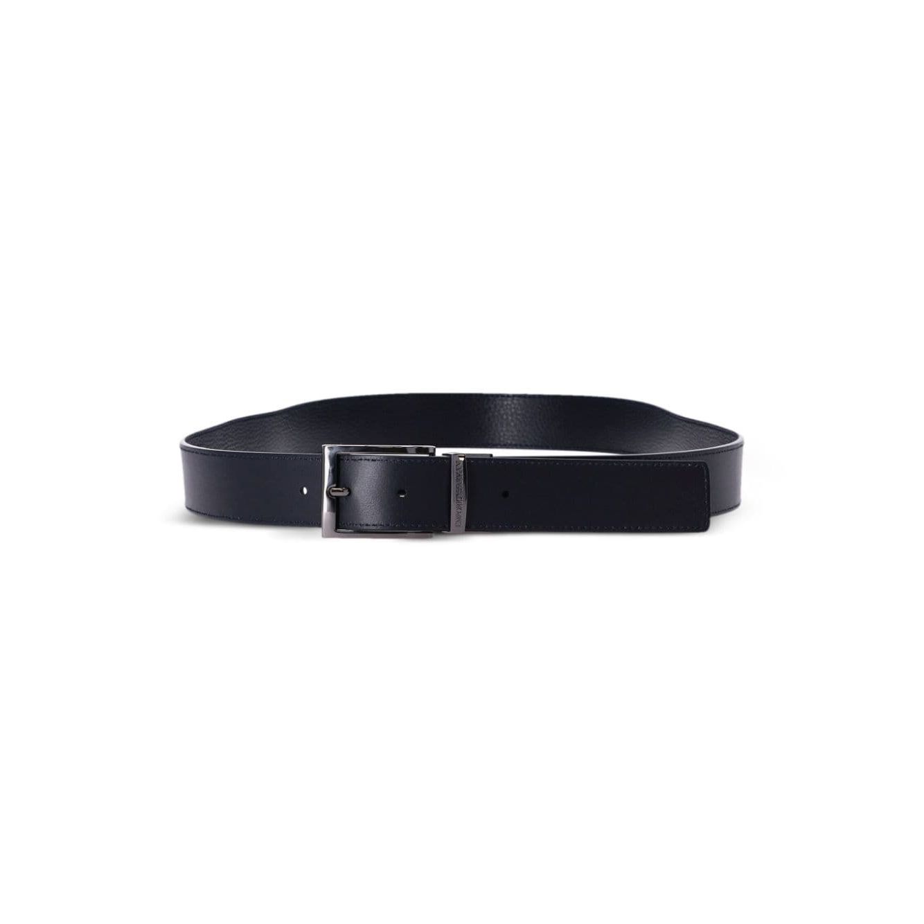Emporio Armani Exclusive Leather reversible belt with black grained texture, silver-tone buckle, and engraved logo.