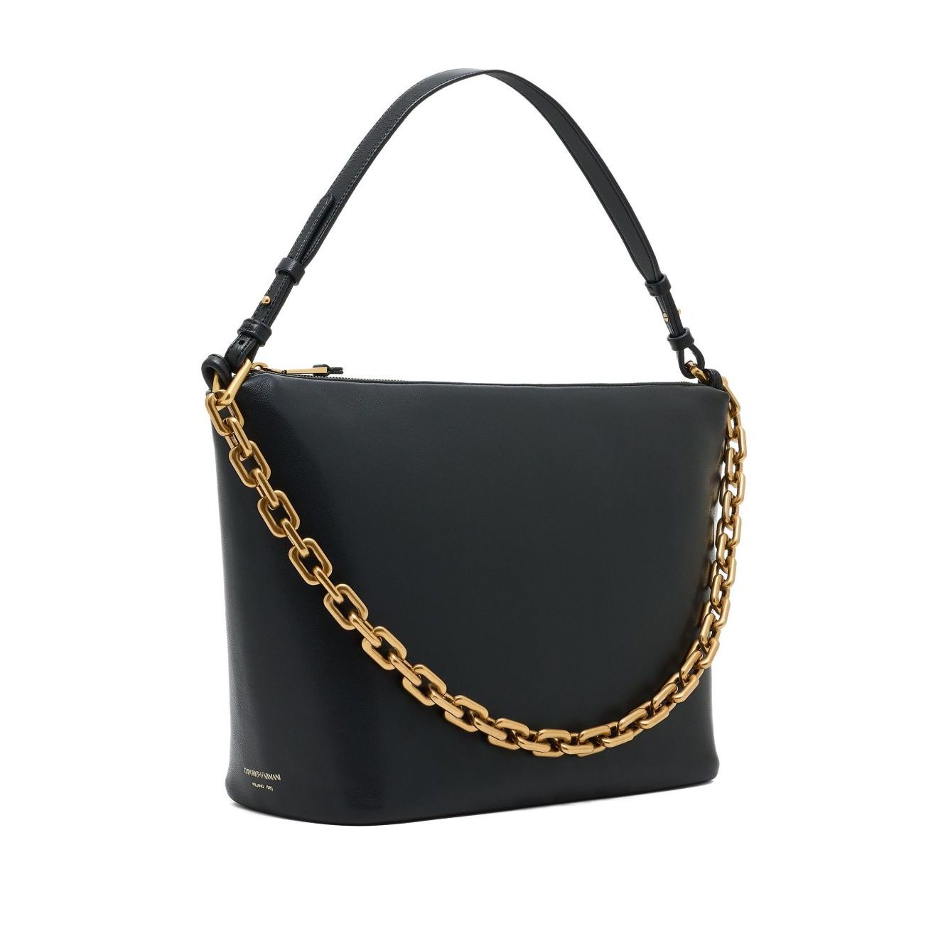Emporio Armani Medium leather hobo bag with chain, black leather, gold-tone chain, zip fastening, size 30x25x15 cm, top handle