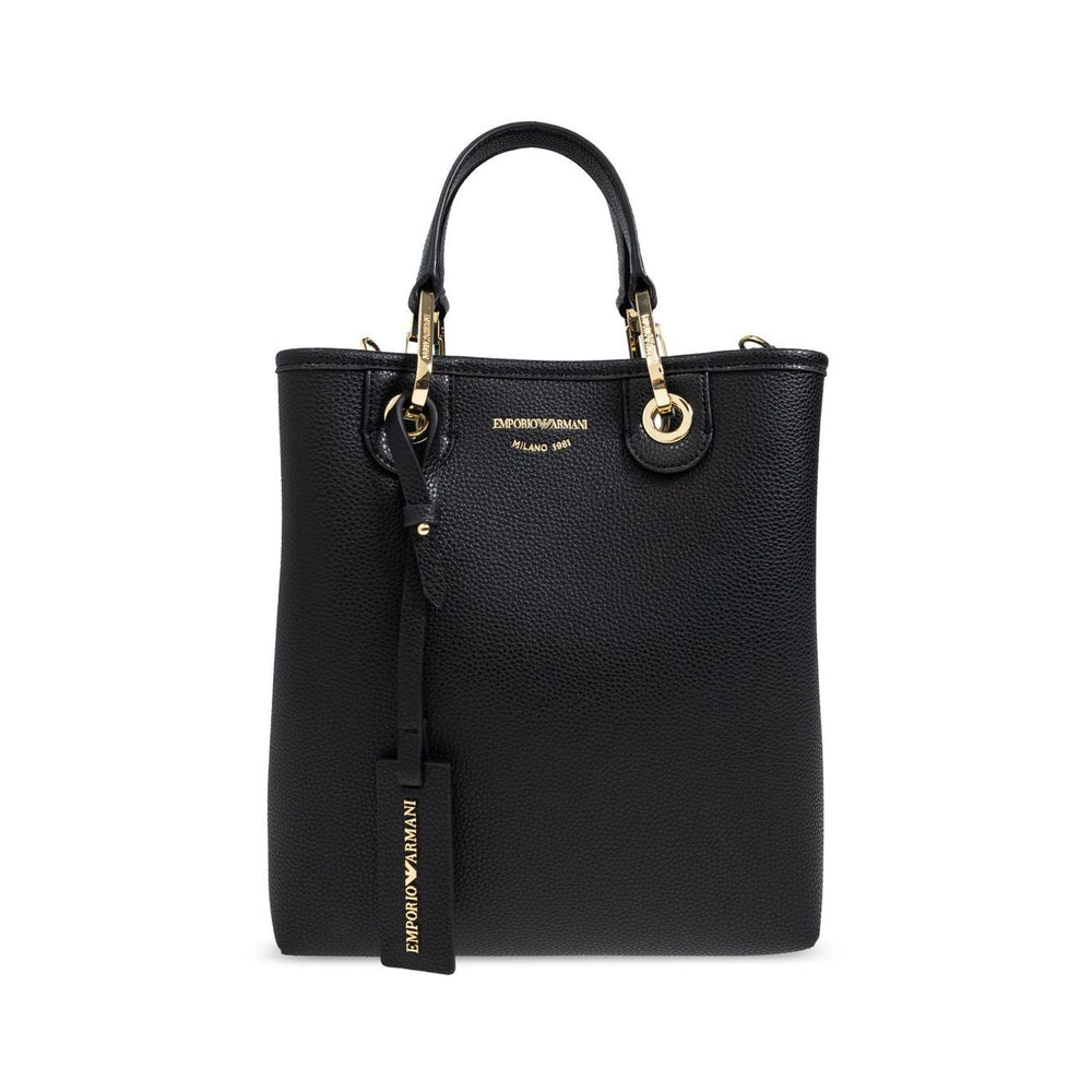 Emporio Armani MyEA shopping bag with black logo print, logo shoulder strap, and two rolled top handles.