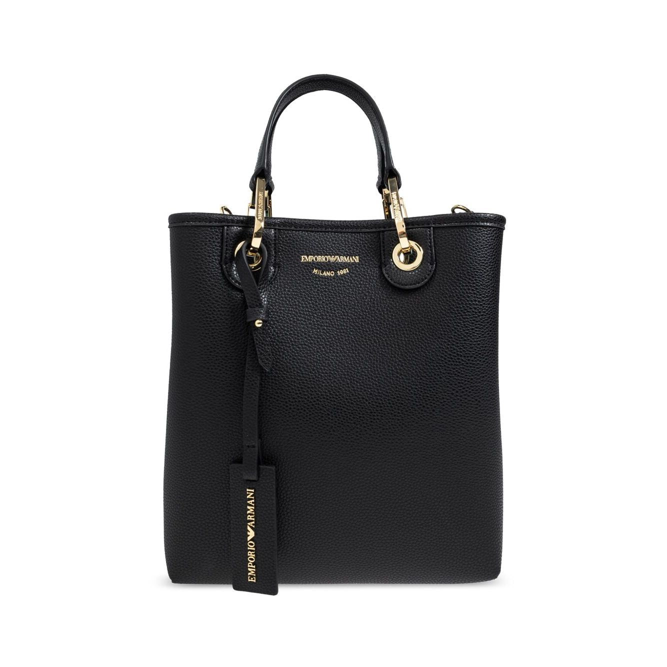 Emporio Armani MyEA shopping bag with black logo print, logo shoulder strap, and two rolled top handles.
