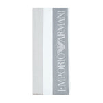 Emporio Armani Stole with multicoloured vertical bands featuring grey logo jacquard and fringed edges.
