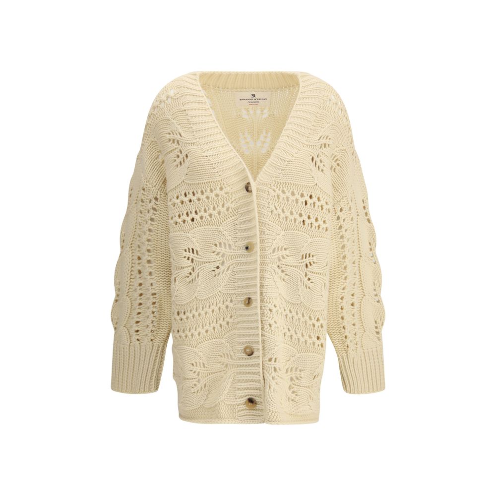 Ermanno Scervino Beige Cashmere Cardigan with perforated design, front button closure, and ribbed cuffs suitable for elegant, modern styling.