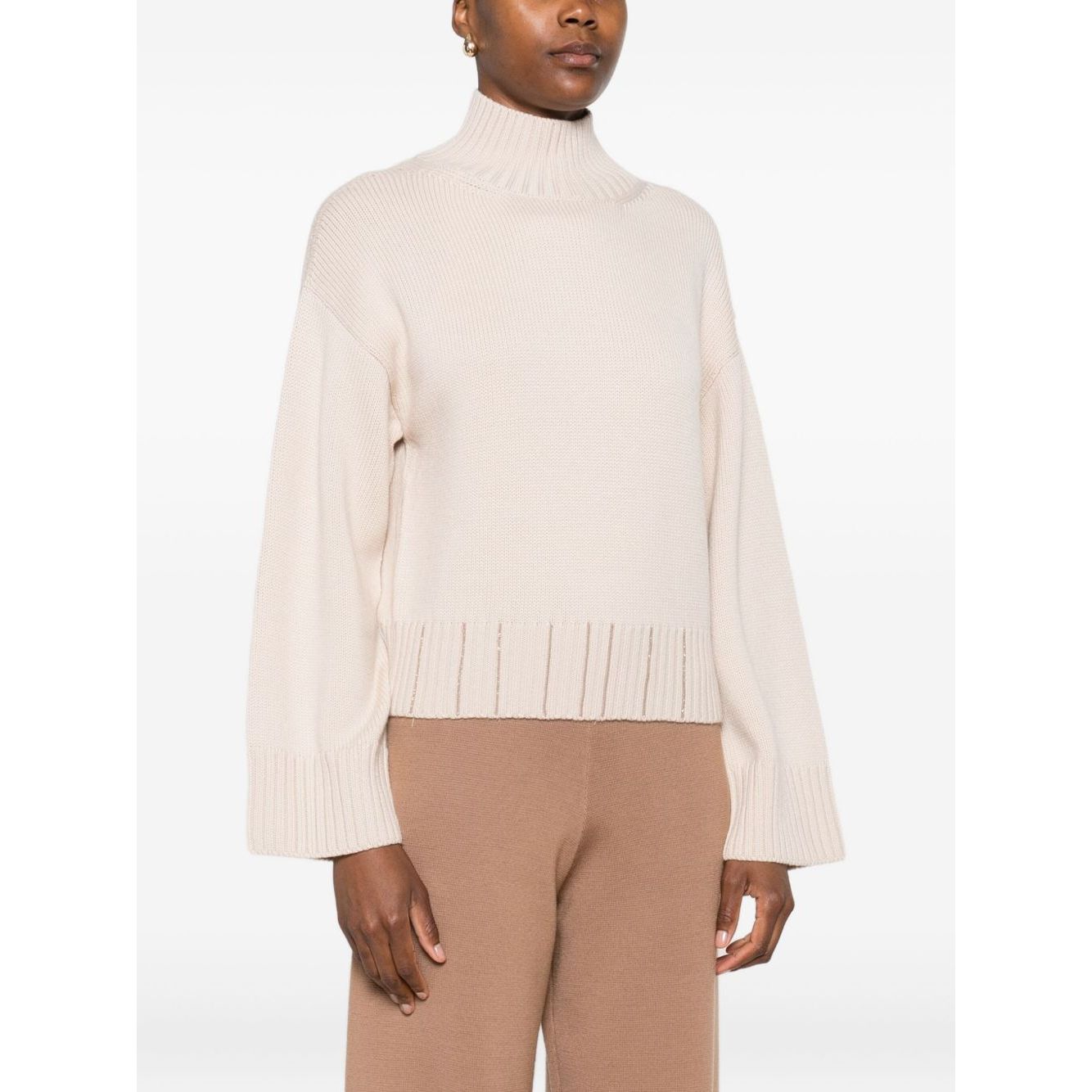 Woman wearing Fabiana Filippi Sweaters Powder light beige high neck ribbed knit wool jumper