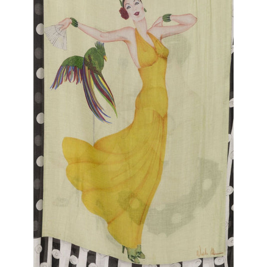 Colorful image of a woman in a yellow dress with a parrot and polka dots on a Faliero Sarti Stylist scarf.