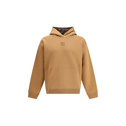 Fendi Beige Cotton Sweatshirt with FF logo, ribbed neck, cuffs, and hem, featuring a kangaroo pocket for elegant and comfortable style.