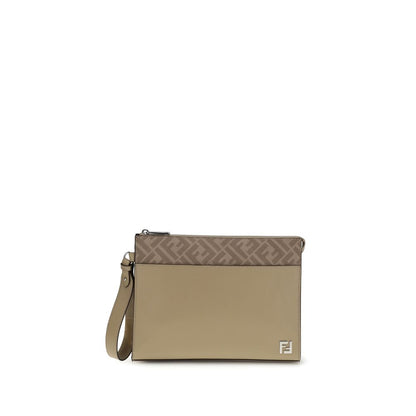 Fendi Beige Leather Clutch Bag with FF logo, removable cuff handle, and palladium-finish metal hardware, showcasing elegance and versatility.