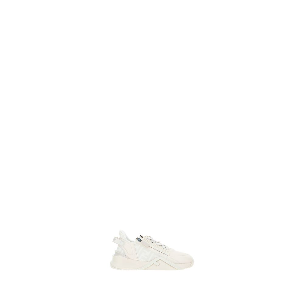 Fendi Flow Running Sneakers with raised sole, geometric eyelets, tone-on-tone logo, and side zipper, made of calf leather and rubber.