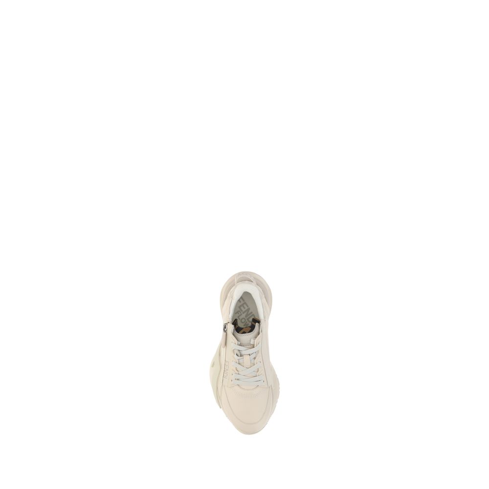 Top view of Fendi Flow Running Sneakers in white, featuring lace-up front, geometric eyelets, and contrast monogram on side.