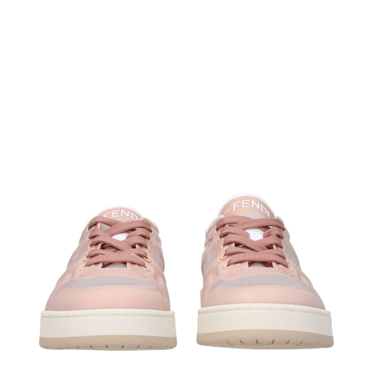 Fendi Pink Fibres Sneakers with lace-up closure and low rubber sole, featuring front, side, and back logos, in pink and blossom colors.