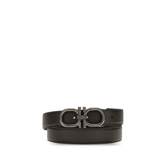 Ferragamo Brown Calf Leather Bos Taurus Regular Belt with double Gancini buckle.