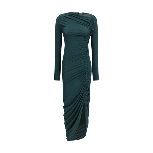 Ferragamo Draped midi Dress in green with ruched pleats, asymmetric hem, and deep slit. Elegant and feminine design ideal for AW25.