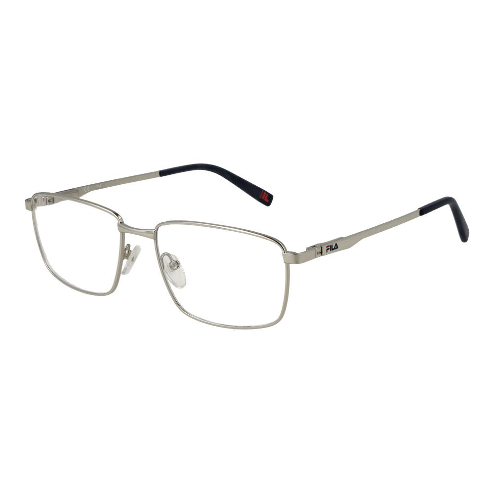 Fila Silver Stainless Steel Glasses (Frames) - Men's full-rim rectangle frames with silver finish and demo lenses, 56mm width.
