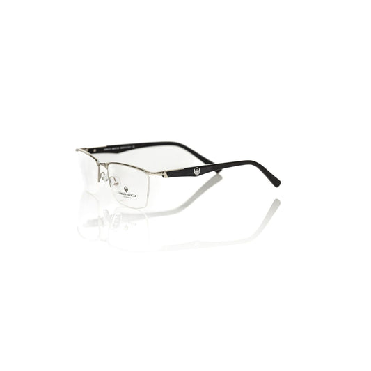 Frankie Morello Black Metallic Unisex Frame with sleek Clubmaster design on reflective surface.