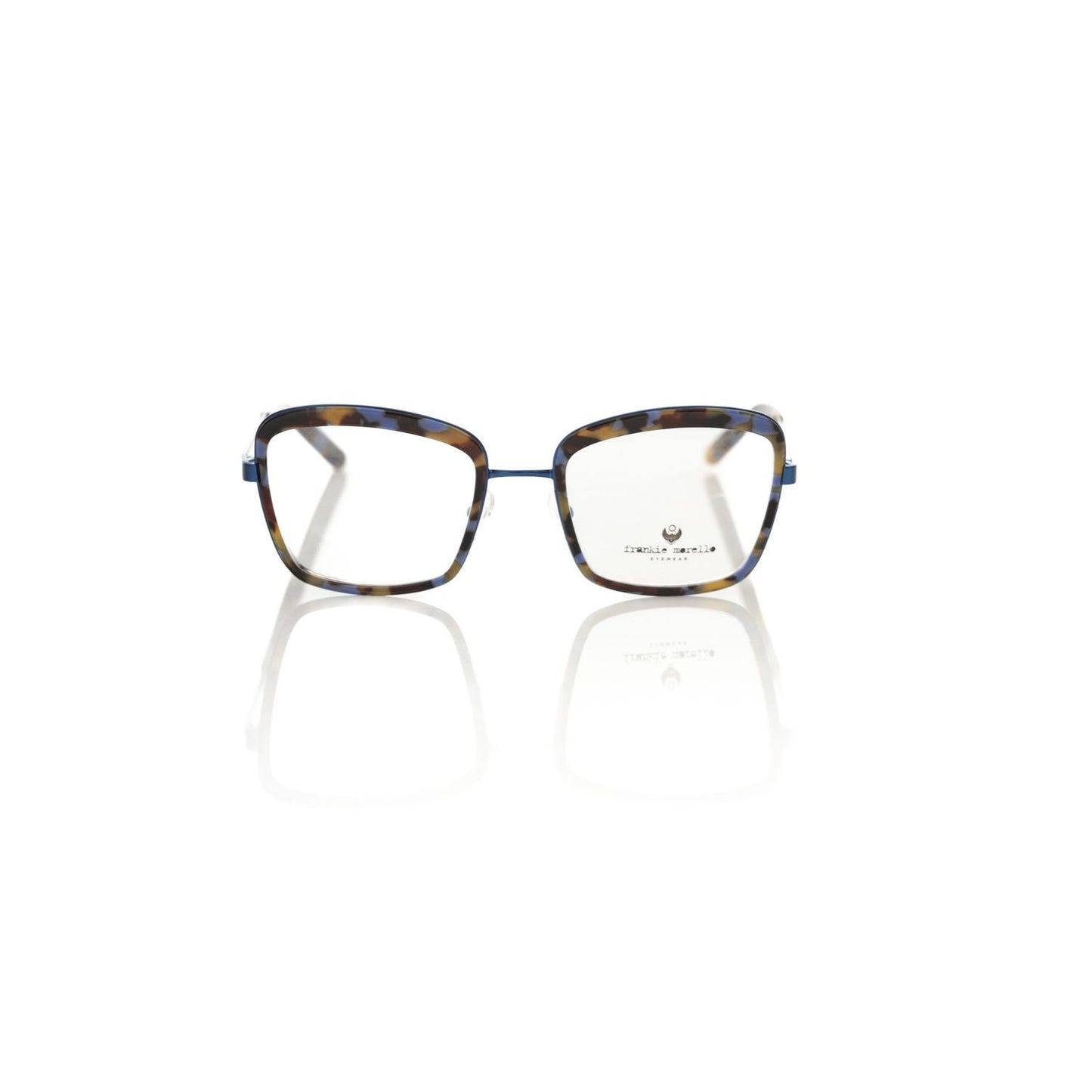 Frankie Morello Blue Metallic Women's Eyeglass Frame with square lenses and blue Havana pattern for a stylish look.