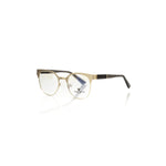 Frankie Morello Gold Acetate Women's Frame with gold metal upper and black transparent temples, elegant Italian-crafted eyeglasses.