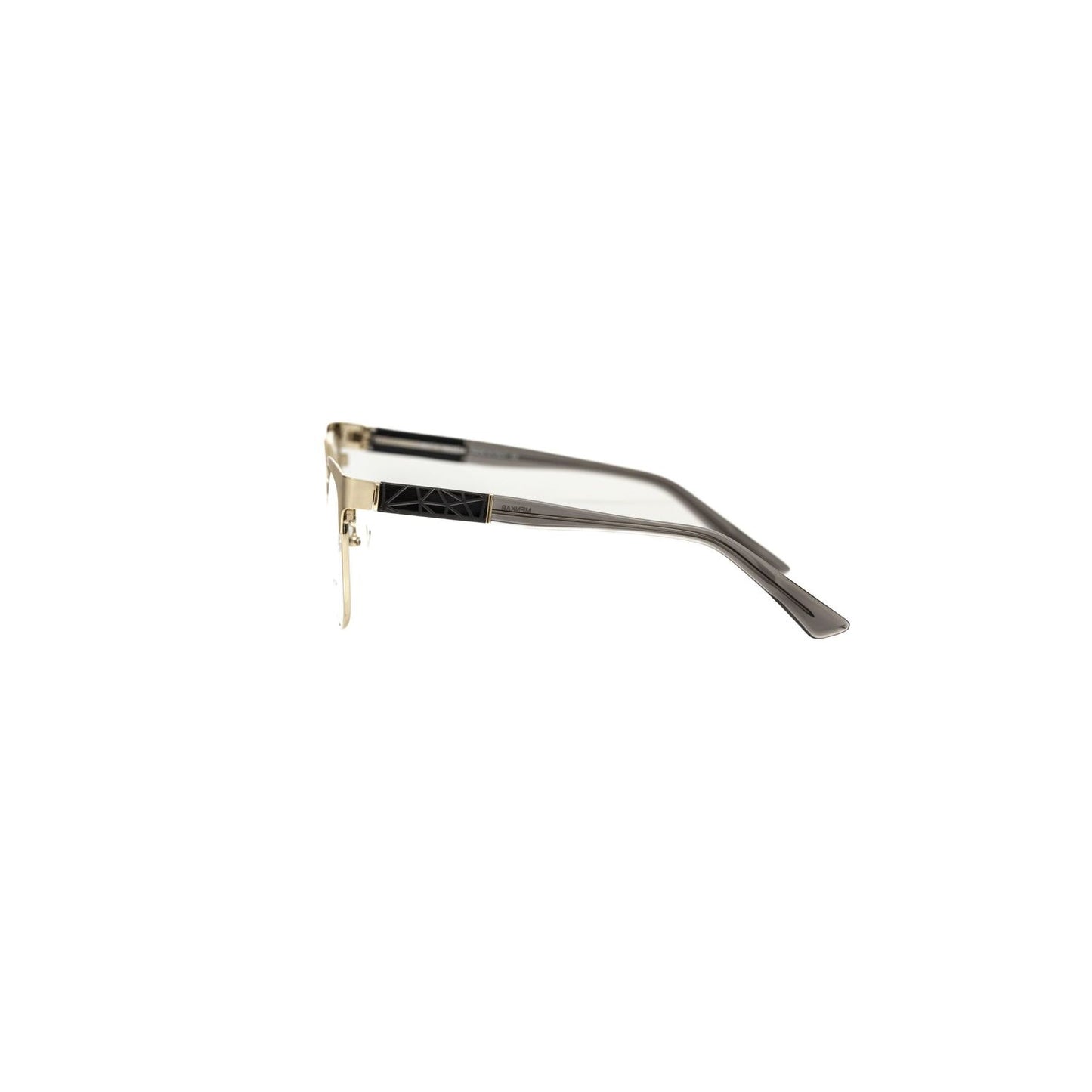 Side view of Frankie Morello Gold Acetate Women's Frame with geometric black and transparent pattern.
