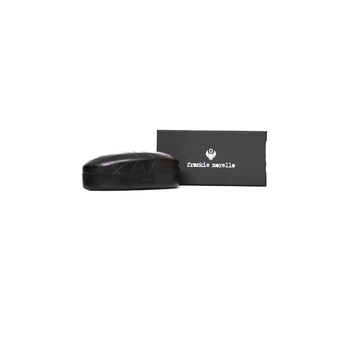 Black case and packaging of Frankie Morello Gold Acetate Women's Frame eyeglasses