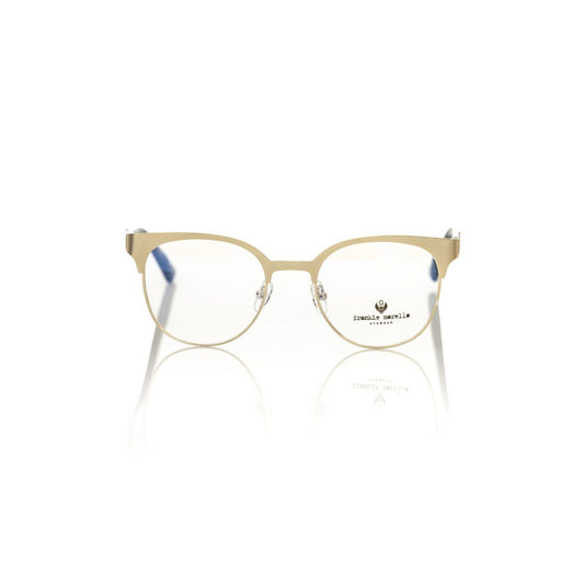 Frankie Morello Gold Acetate Women's Frame with gold metal upper profile and unique black and transparent geometric temples.