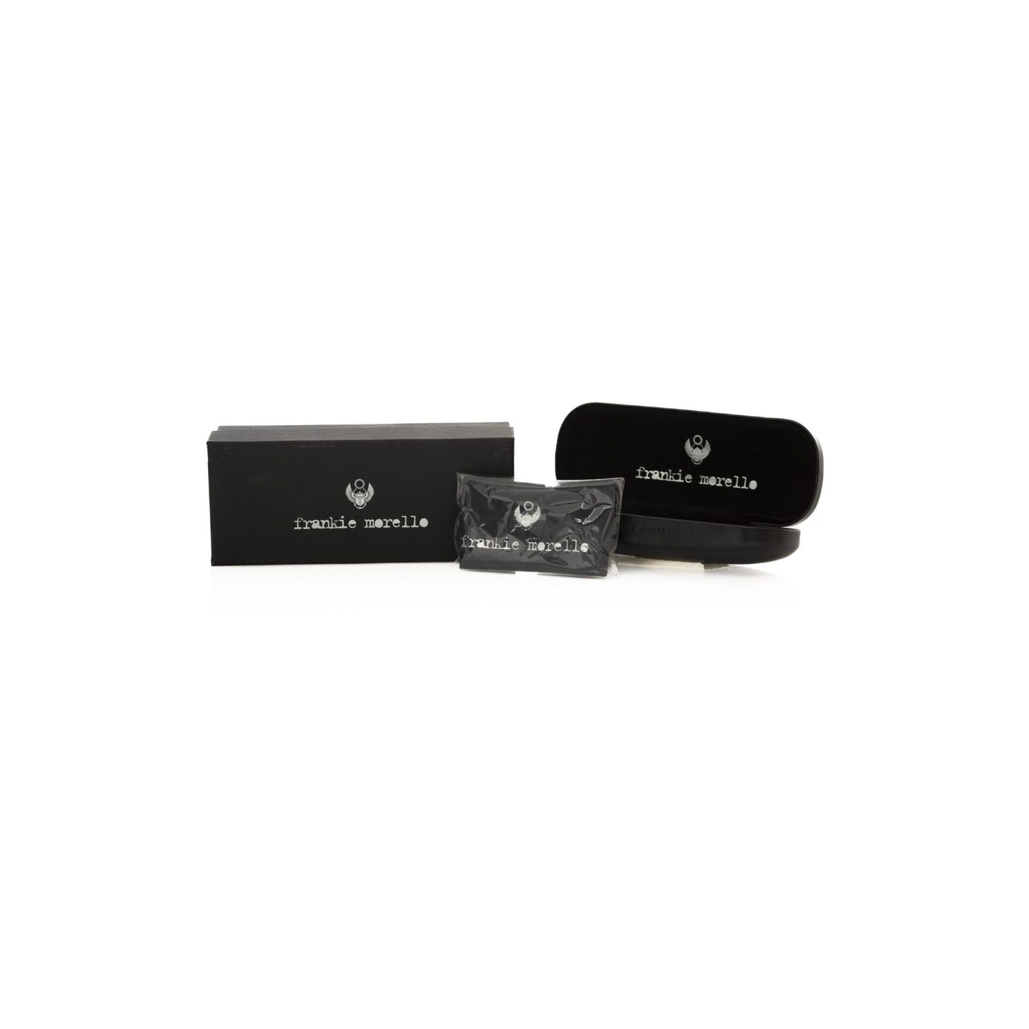Stylish case and packaging for Frankie Morello Gold Metallic Unisex Frame eyeglasses, featuring sleek black design with logo.