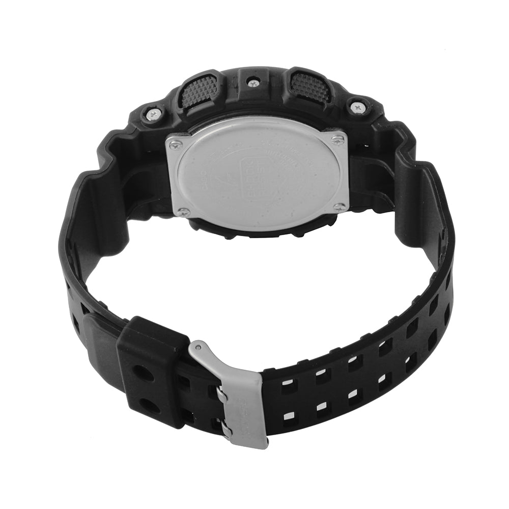 Back view of CASIO G-SHOCK Mod. GS BASIC wristwatch with resin strap and multifunction quartz movement, 20 ATM water resistant.