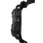 Side view of CASIO G-SHOCK Mod. GS BASIC wristwatch with black resin case and strap, showcasing multifunction quartz movement.