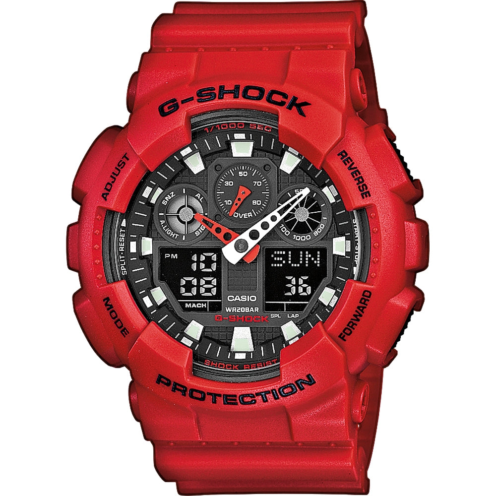 Red CASIO G-SHOCK Mod. GS BASIC wristwatch with multifunction quartz movement, resin strap, and 20 ATM water resistance in official box.