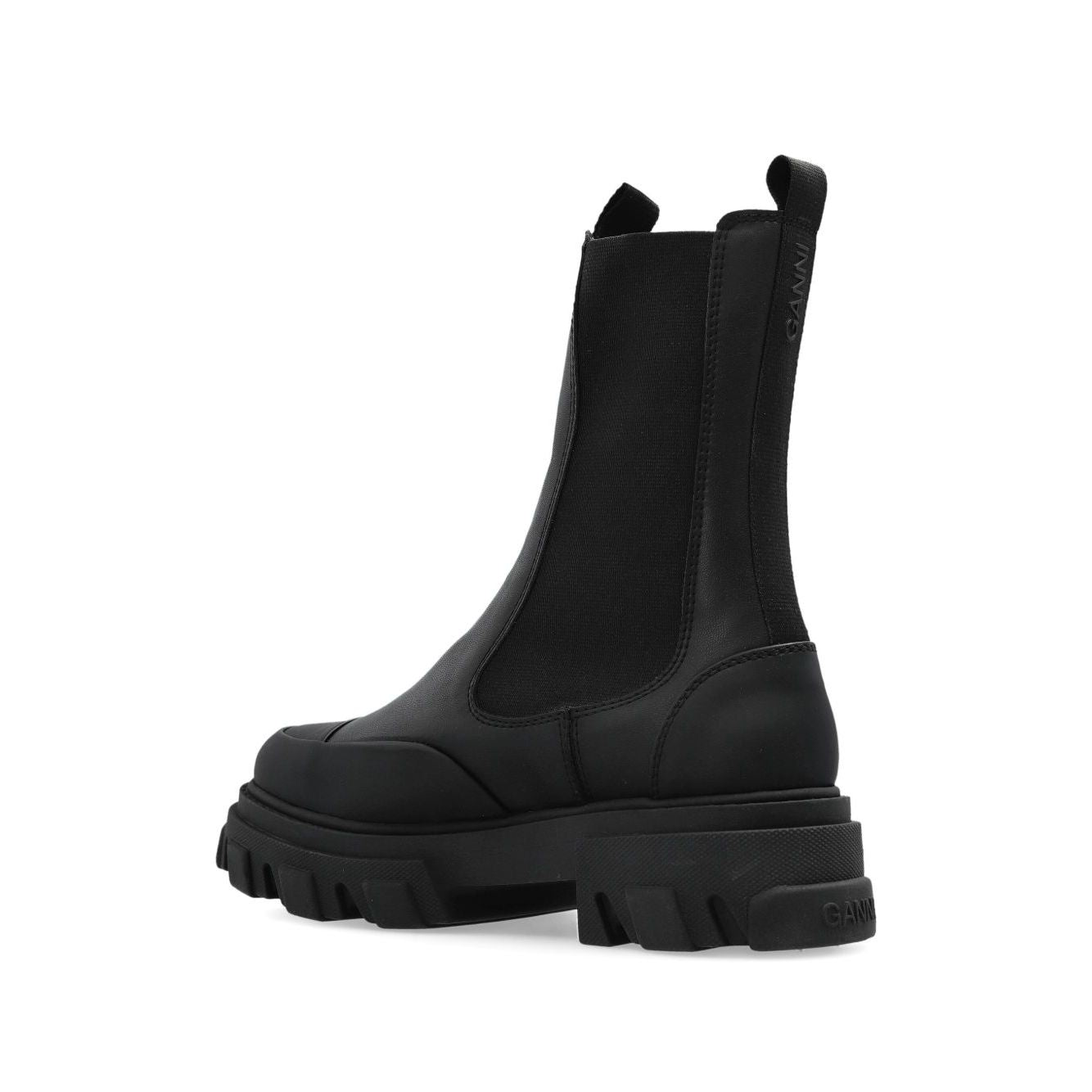 GANNI Boots Black, black leather Chelsea boots with chunky rubber sole and elasticated side panels.