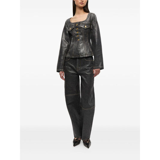GANNI Jackets Black - Denim cotton blazer with peplum waist and chest flap pockets, front button fastening, stylish for women.