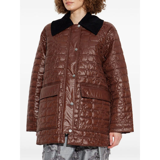 GANNI Jackets Brown featuring quilted design, contrasting collar, flap pockets, and snap button fastening.