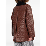 GANNI Jackets Brown quilted design with contrasting collar, snap button fastening, flap pockets, and logo pattern, back view.